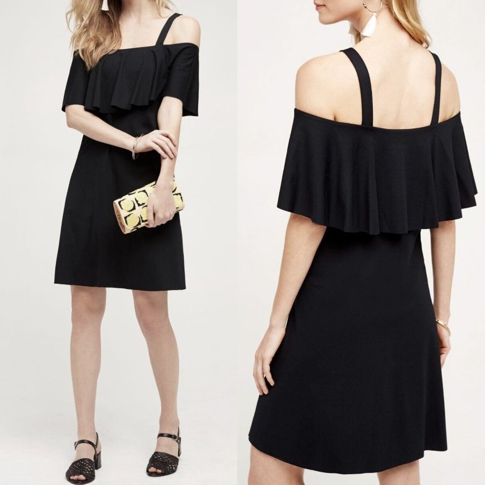 Anthropologie MAEVE Black 'Rory' Ruffle Open Shoulder Swing Dress NWT Size S